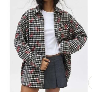 Urban Outfitters Plaid Utility Jacket - Black, White, Red Bows/Oversized Med